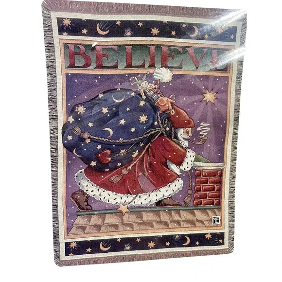 The Coca Cola Christmas Holiday Santa Claus Tapestry Fringe Blanket AS IS (READ